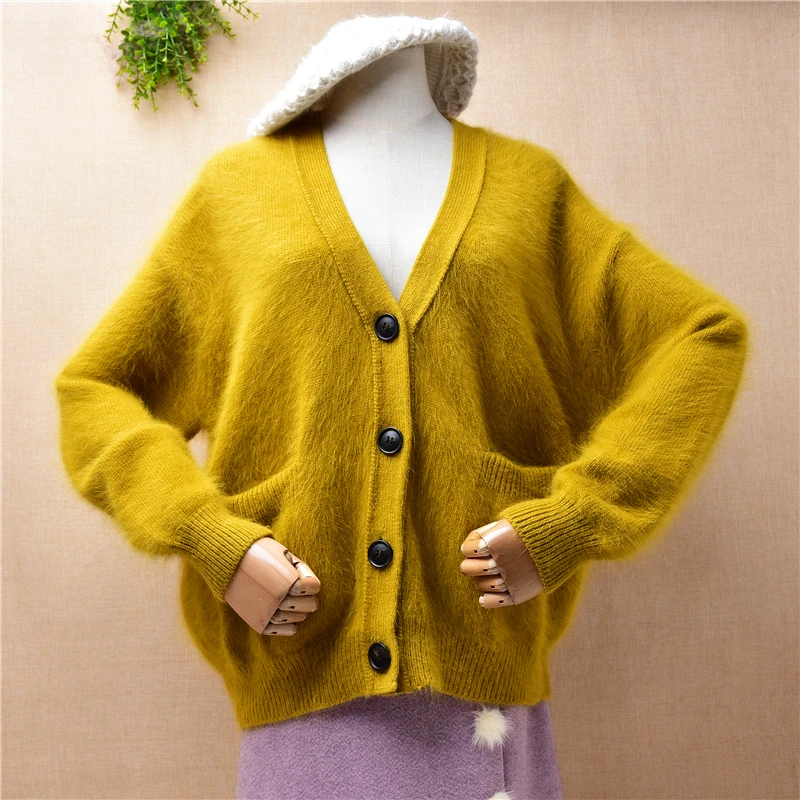 

04 Ladies Women Fall Winter Clothing Hairy Angora Rabbit Hair Knitwear Long Sleeves V-Neck Loose Cardigans Jacket Sweater Coat