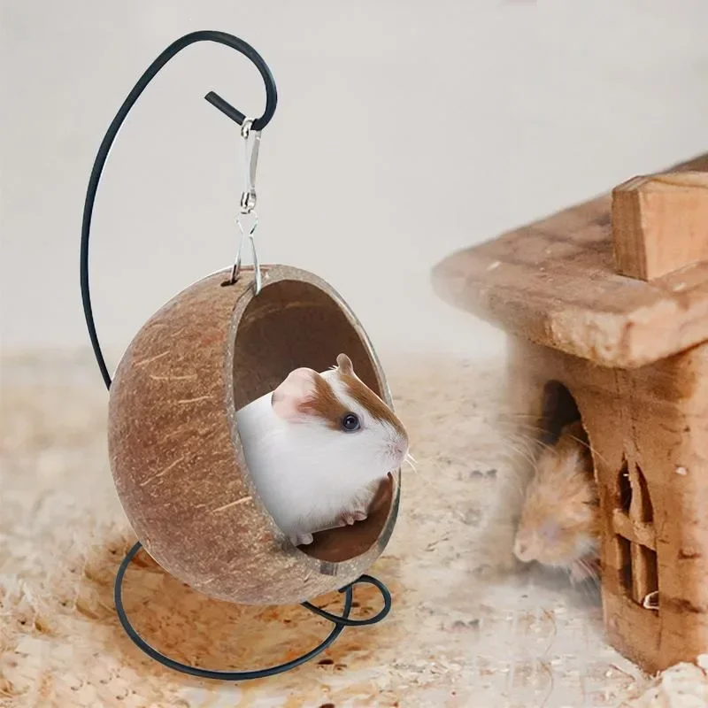 Hamster Coconut Shell Hanging Hammock Nest Bed Hideout with Stand Cage Accessories for Small Animals Golden Bear Sugar Glider