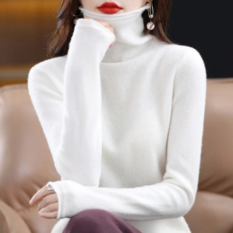 Suéter de cachemira 100 % de lana para mujer, jersey de cuello alto apilado, suéter de punto cálido de manga larga para invierno, jerséis de cuello alto