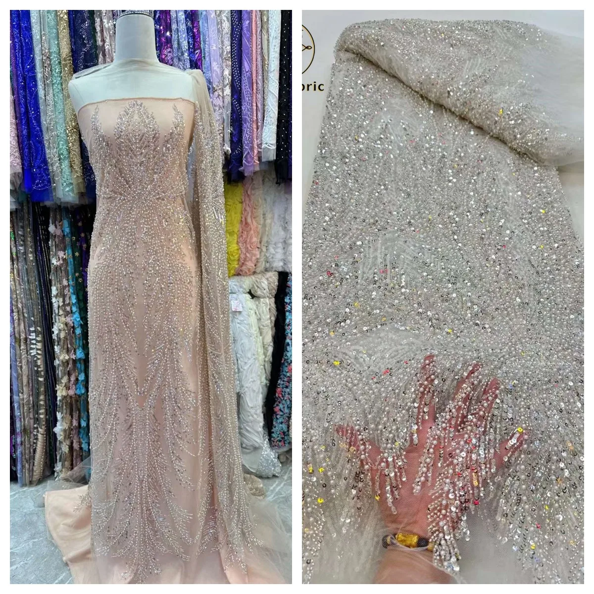 

Luxury African Heavy Beads Lace Nigerian Tulle Fabric 2023 High Quality French Beaded Sequins Embroidery Fabric For Wedding Sew