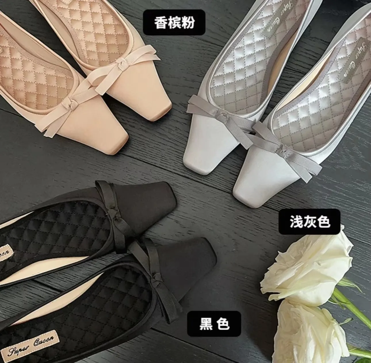 أحذية نسائية من ماركة Ins Fashion بقيمة 140 دولار أمريكي، أحذية بمقدمة مربعة وكعب قصير، أحذية نسائية من الجلد اللامع مزينة بفيونكة