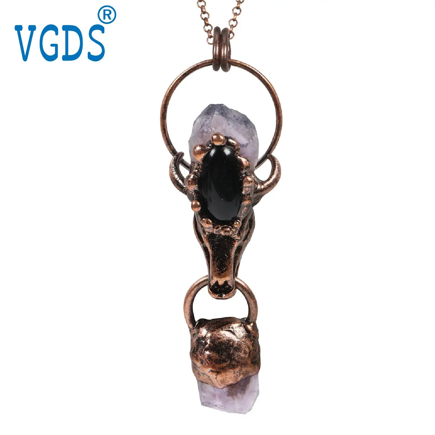 

Unique Natural Crystal Quartz Amethyst Bud Irregular Raw Pendants Bronze Head of Ox Couple Charm Jewelry Necklaces for Men Women