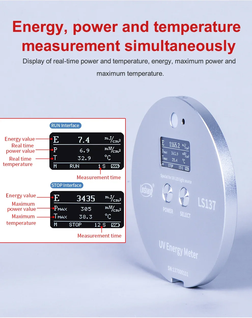 Uv Energy Meter Radiometer UVA LED Light Sources LS137 Measure Energy, Power and
