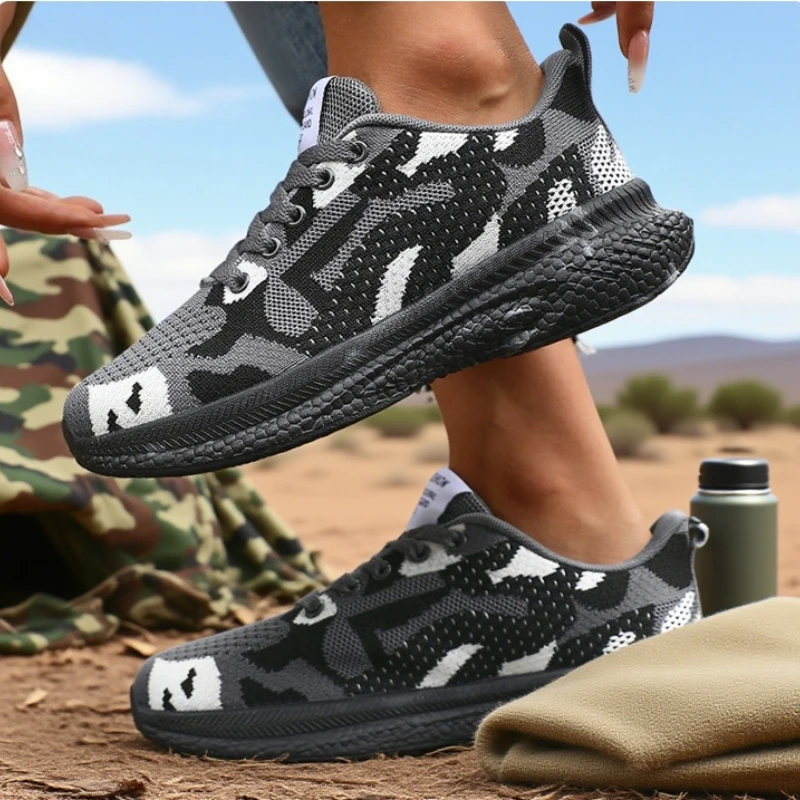 Women's Mesh Hiking Shoes Breathable Knit Fabric Lightweight Anti Slip Fashion Camo Sneakers Outdoor Camouflage Worker Shoes