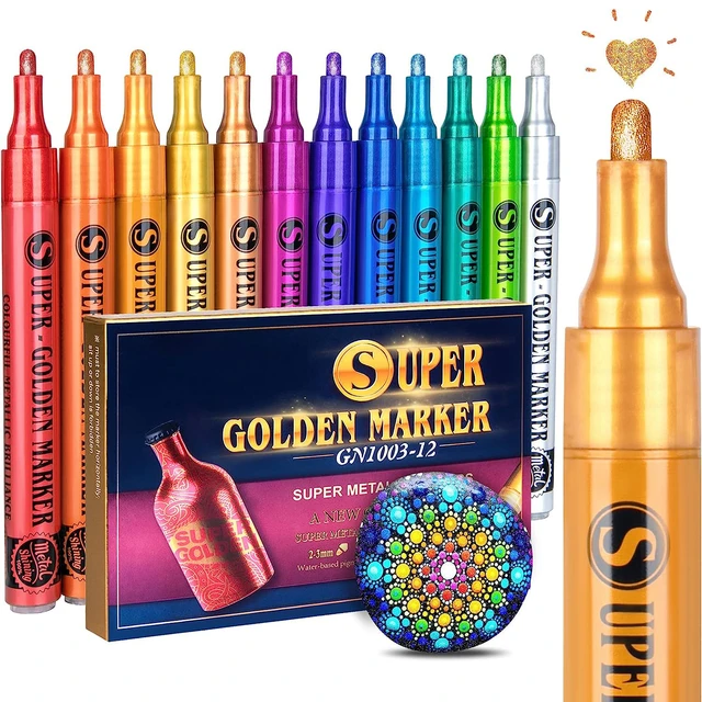 Metallic Markers Dual Tip, 12 Colors Metallic Paint Pens for Black