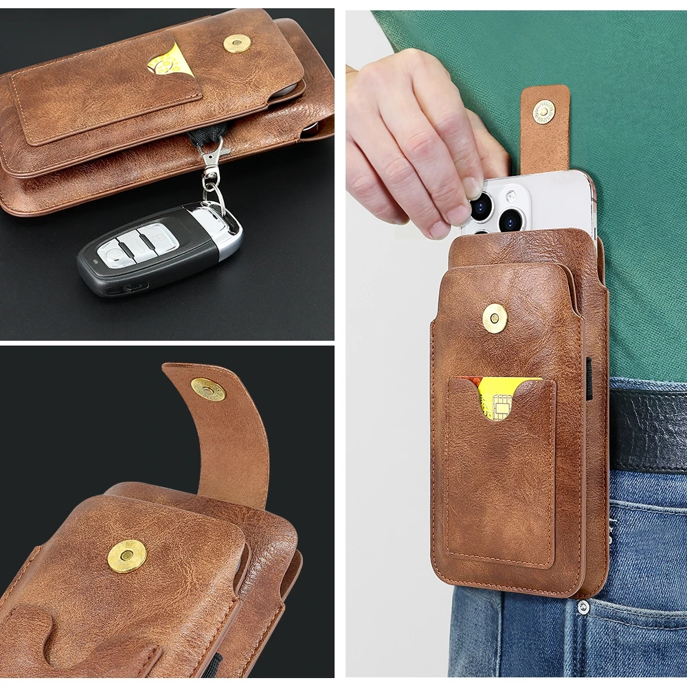 Mobile Phone Holster for 6.5-7.2 inch Universal Retro Magnetic Buckle Double Layer Phone Case Waist Bag