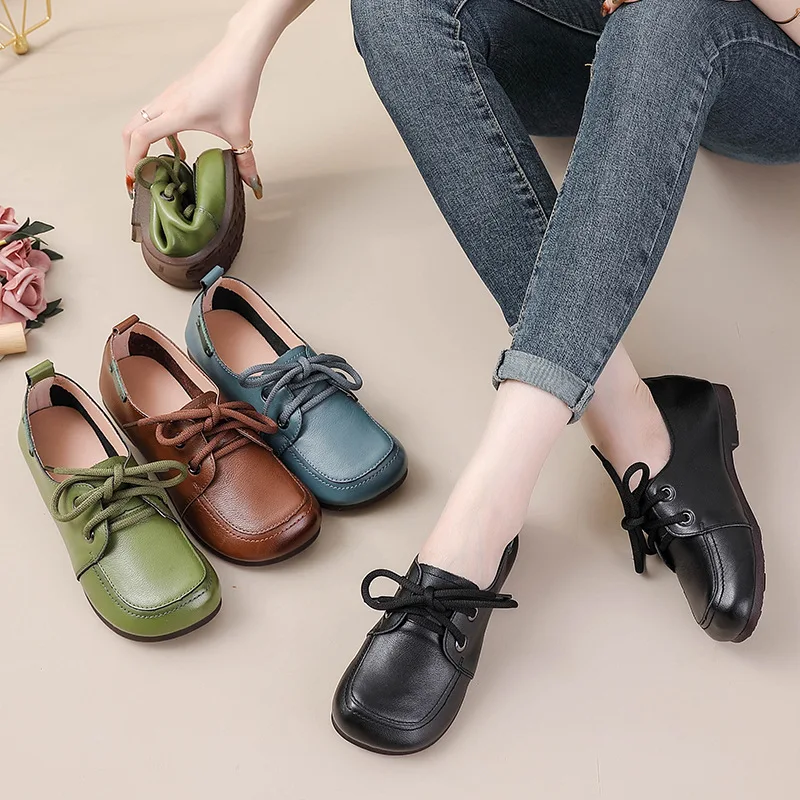 Brown Ballet Retro Flats Comfortable Elegant Women's Shoes Genuine Leather Loafers Ladies Bowknot Woman Soft Blue Moccasins ﻿