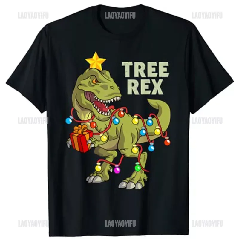 Divertente Tyrannosaurus Christmas Dinosaur Men Christmas Lights Tree Rex T-Shirt Ragazze Manica Corta Estate Unisex Top Cotton Tee
