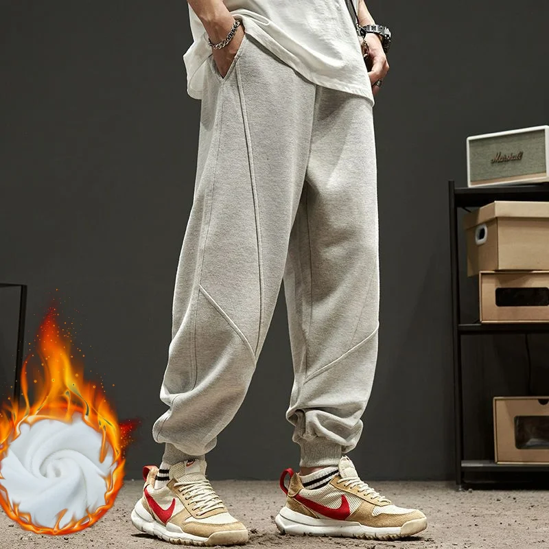 Korean Autumn Winter Fleece Casual Loose Pants Men\'s New Trend Solid Printed Letters Patchwork Pockets Versatile Sports Trousers