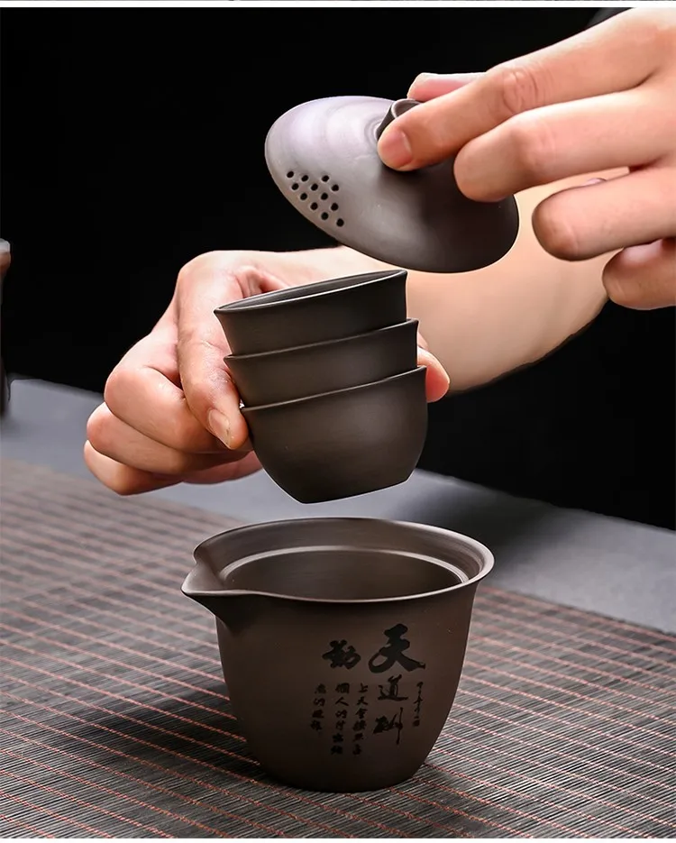 Description Picture 5 of itemYixing Purple Sand Tea Set Anti-scalding Ceramic Chinese Teacup Set Portable Travel Teaware Kung Fu Tea Cup 1 Pot 3 Cups Gaiwan