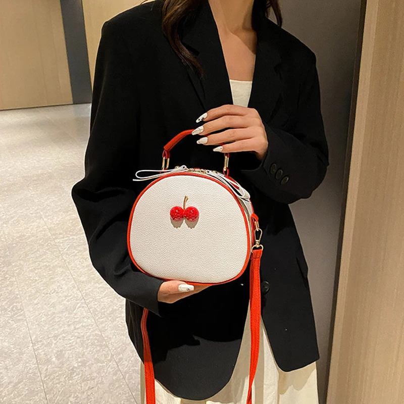 Litchi Pattern Contrast Color Cherry Small Backpack 2024 New Women's One-shoulder Messenger Mobile Phone Bag