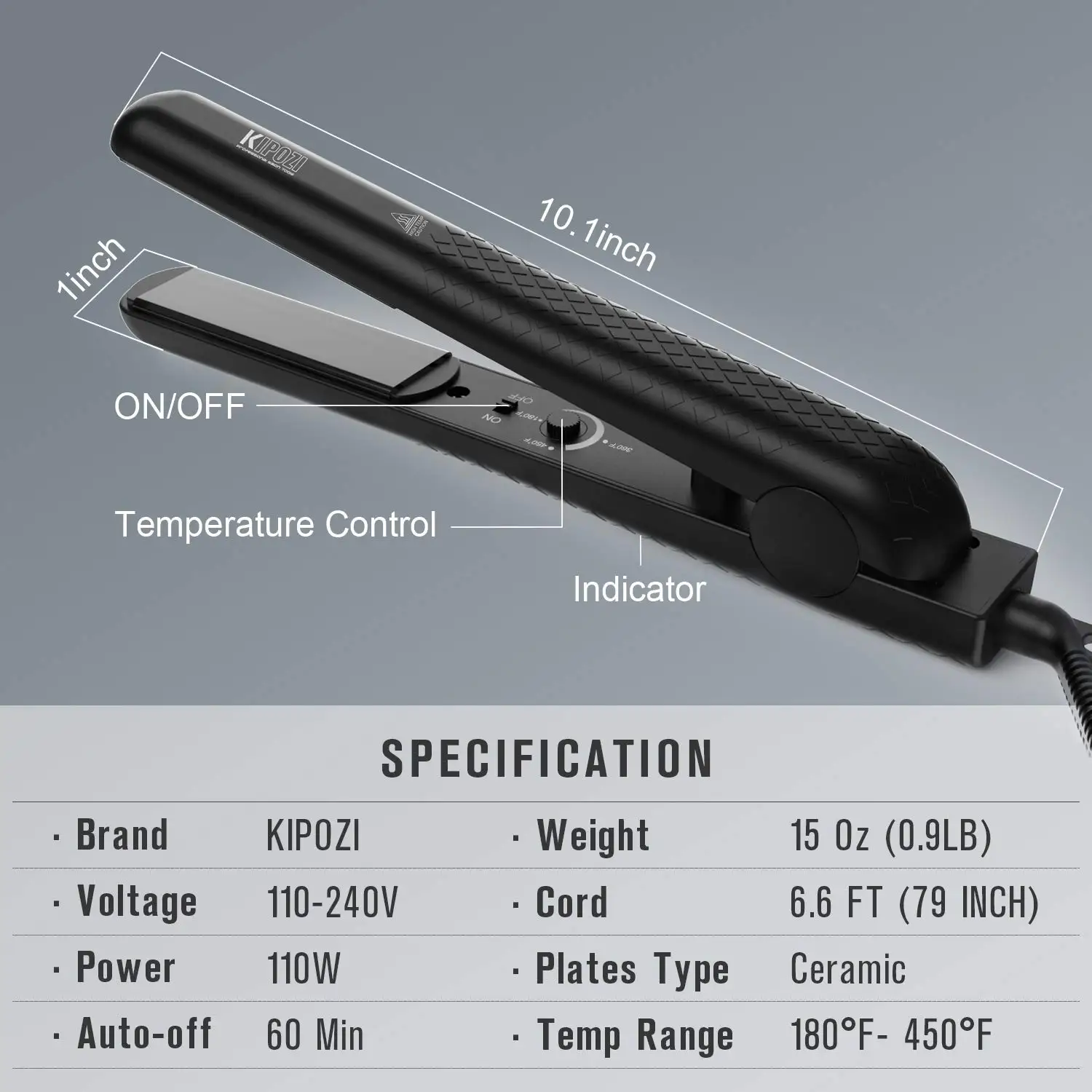 KIPOZI 1 Inch Hair Straightener Ceramic Flat Iron Adjustable Temp Straightens and Curls,180-450℉ Dual Voltage, Black