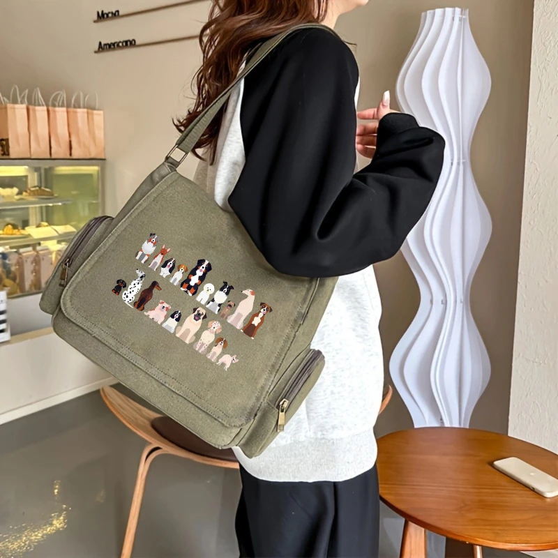 Casual Women's Shoulder Bag Men's Crossbody Bag Canvas Messenger Bag Dog Print Large Capacity Laptop Bag