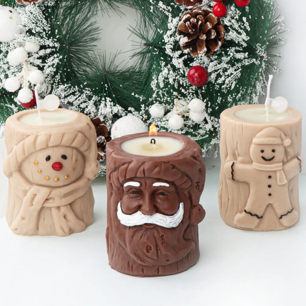Bearded Santa Claus Deer Stump Silicone Candle Mold Gingerbread Snowman Cylinder Plaster Candlestick Making Gift Christmas Decor