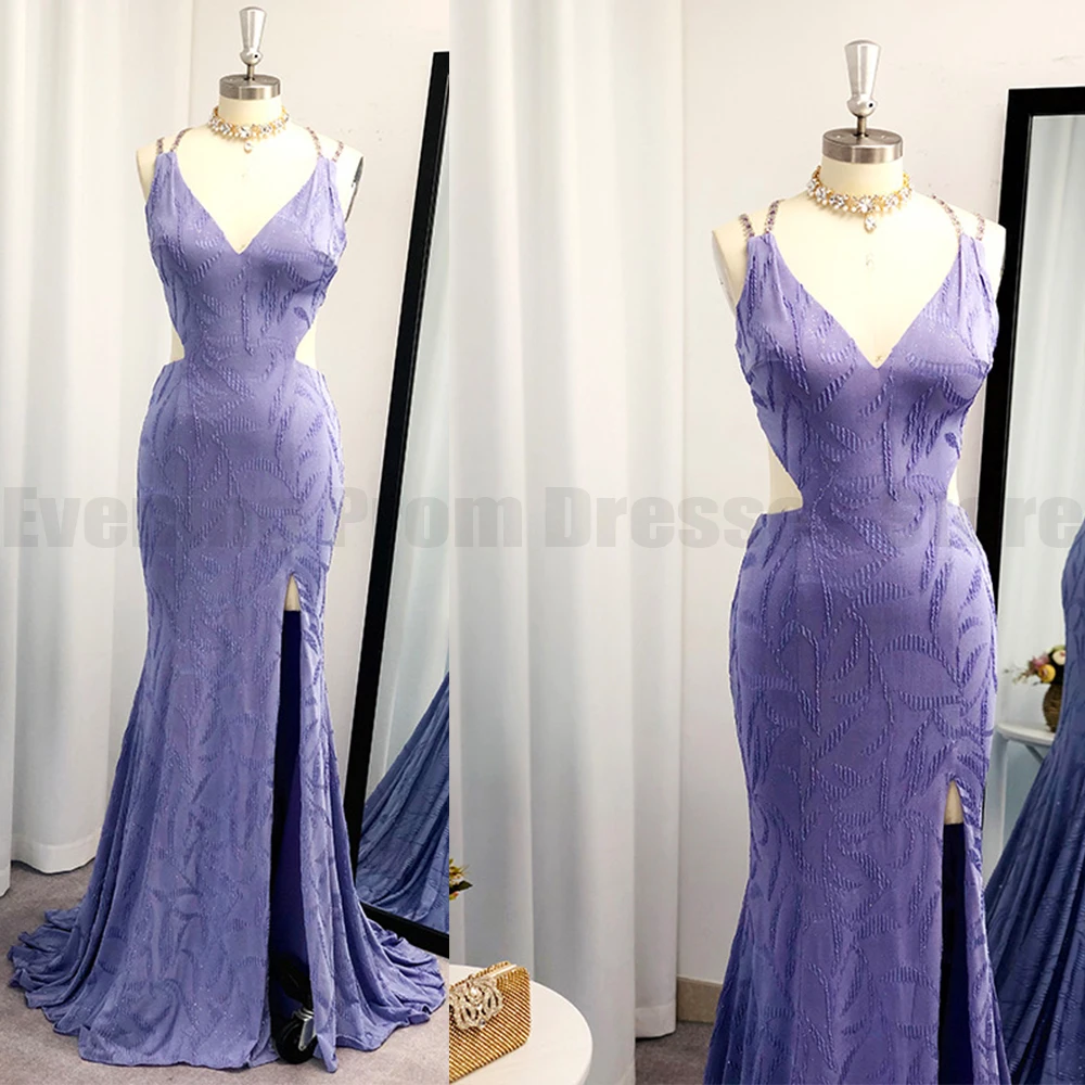 

Lavender Evening Dresses Women's Sexy V-neck Sleeveless Mermaid Side High Split Lace Princess Prom Gowns Fashion Celebrity Forma