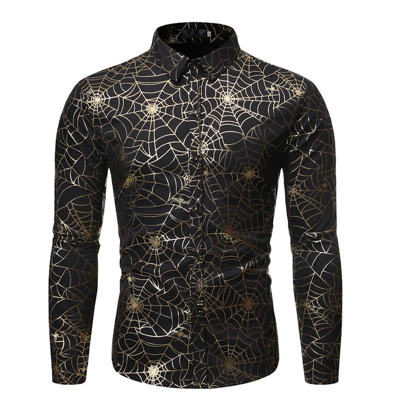 

#4644 Black White Red Spider Web Printed Shirts For Men Full Sleeves Clubwear Men's Shirts Long Sleeve Korean Fashion Spring