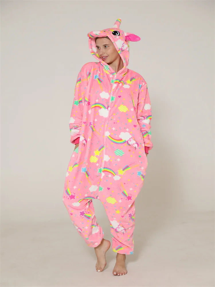 Autumn and Winter Adult Women Couple Flannel Hooded Kigurumi Unicorn Cartoon Animal Pink One-piece Pajamas Outdoor Loungewear
