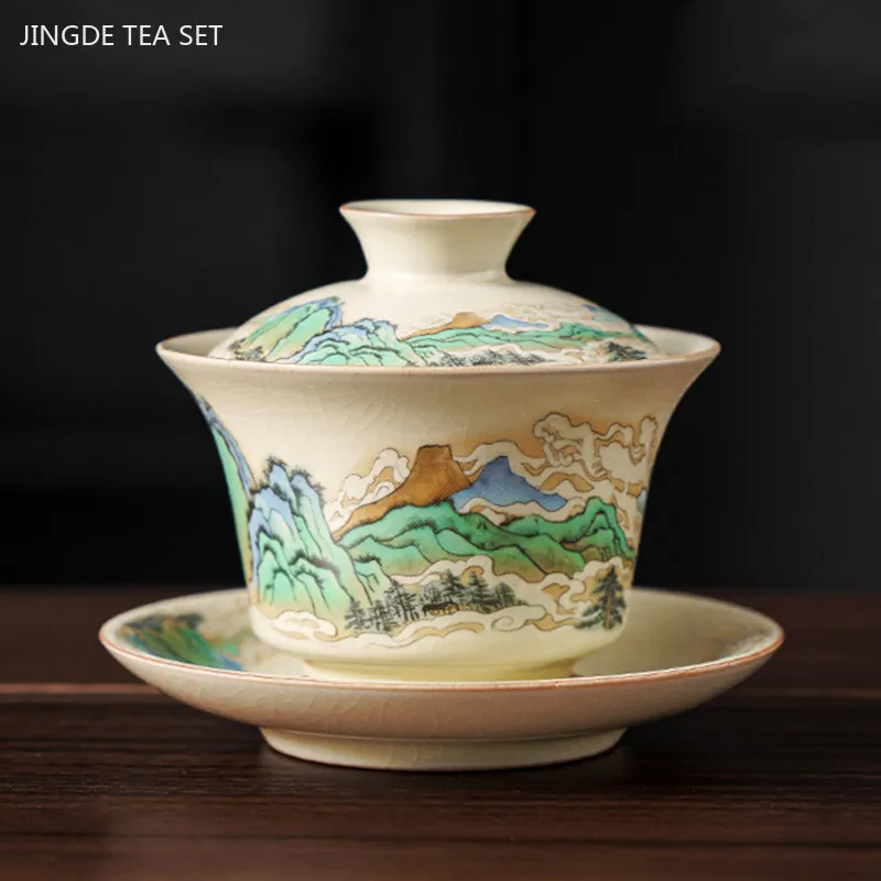 100ml Retro Blue and White Porcelain Gaiwan Chinese Ceramic Tea Bowl Home Tea Infuser Handmade Underglaze Color Tea Set Teacup