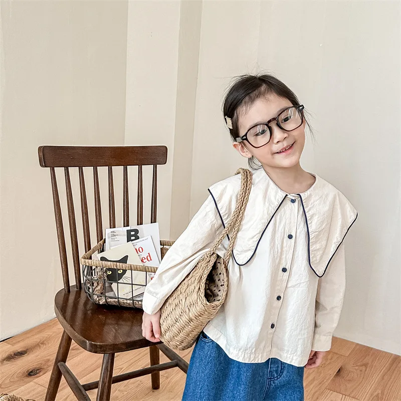 

2023 Spring Girls contrast color big turn-down collar Shirts Children Washed cotton casual Shirt Tops