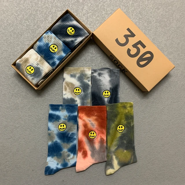 Socks Men's Street Tie-dye Stockings Smiling Face Embroidery Cotton Harajuku Fashion Hip Hop Skateboard Long Socks Gift 3 Pairs/ 1