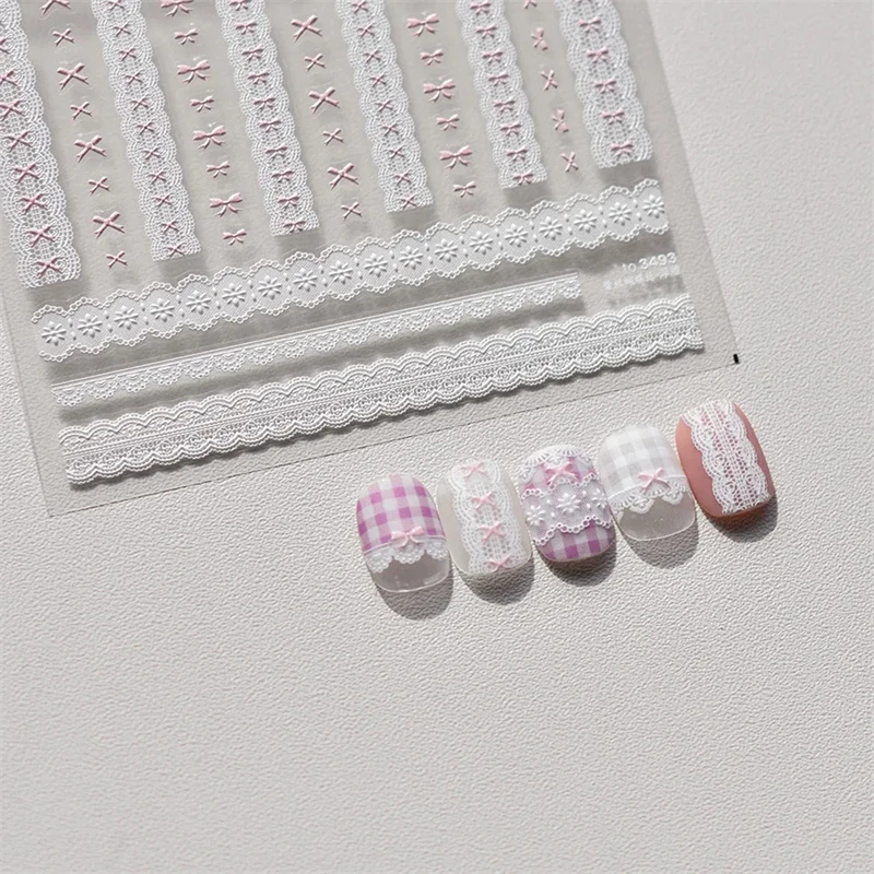1pcs Sweet Pearl Lace Bow Nail Stickers Love Heart Pink White Black Lace Bow Self Adhesive Nail Art Decorations Decals Accessory 6