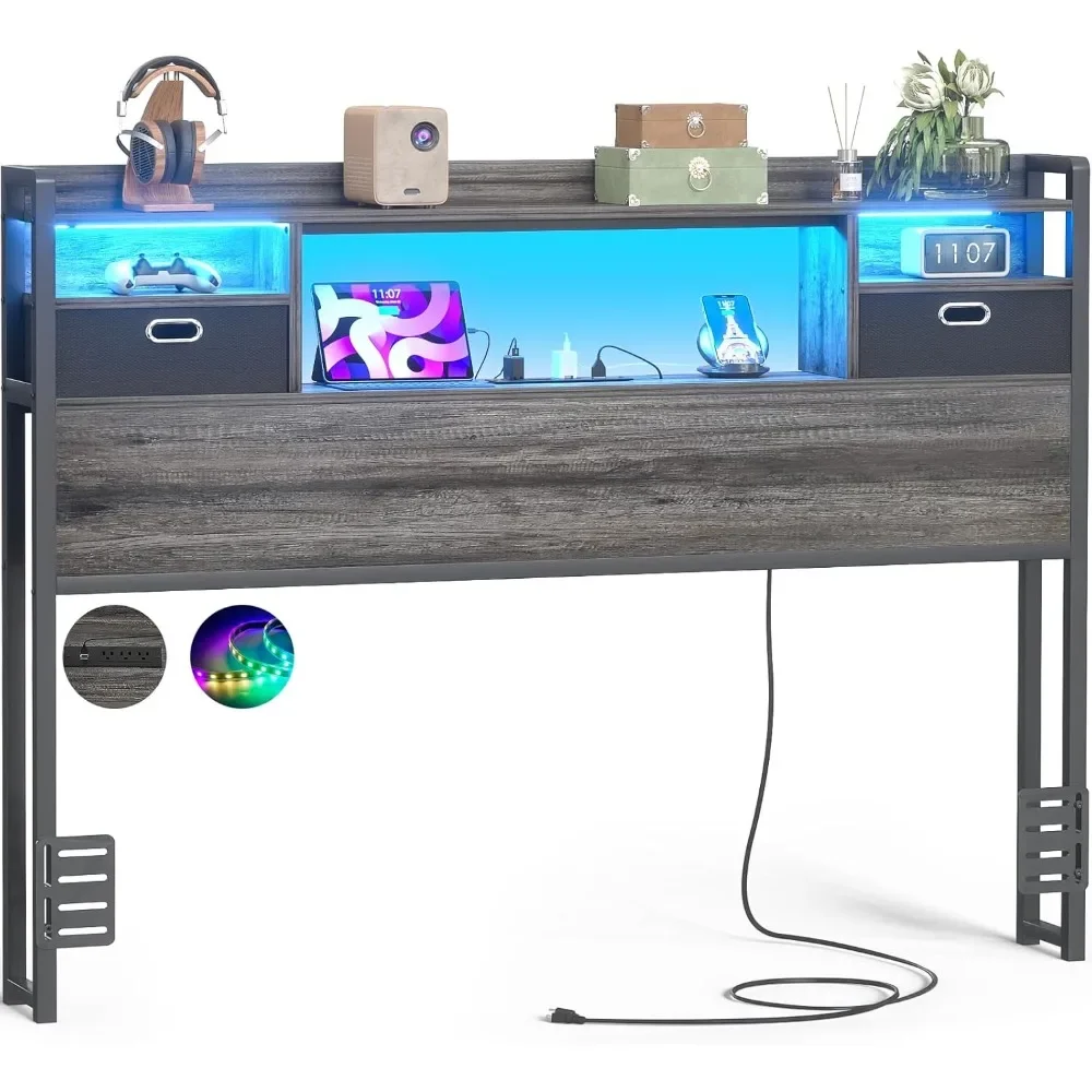 Wood Headboard Only for Full Size Bed with Bookcase and Power Outlet, Sturdy Head Bo，Full Headboard with Storage and LED Light