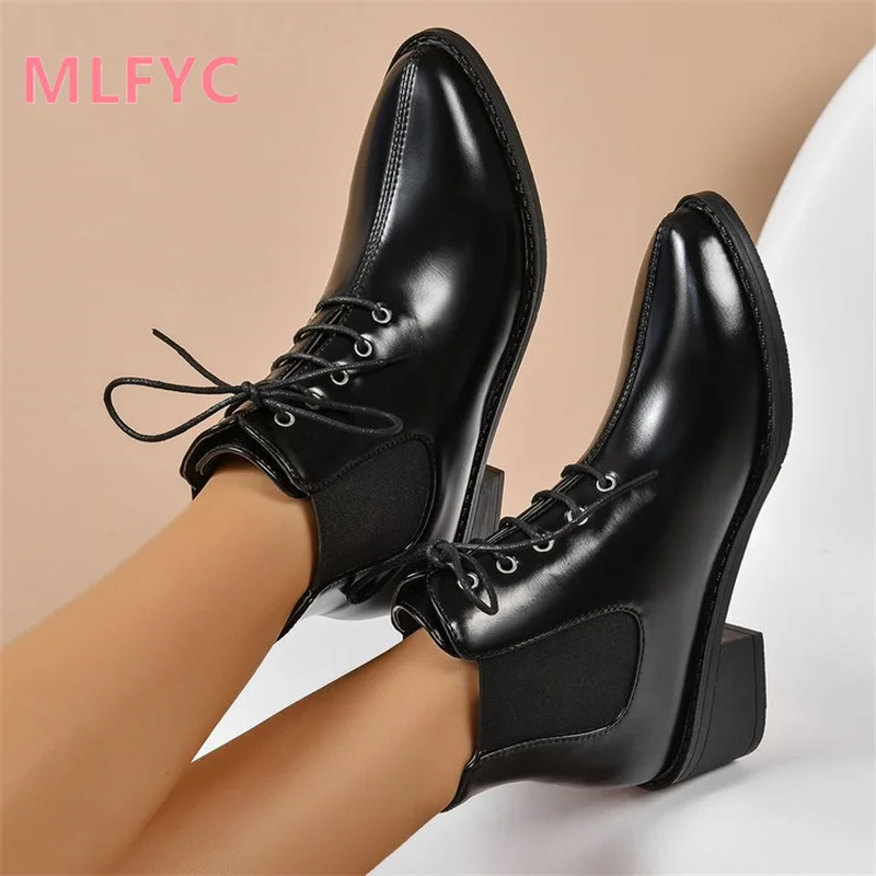 Women's New Foreign Trade Large Size Boots Female Trendy Mid Barrel Pointed Thick Heel Boots Ladies Simple Fashion Short Boots