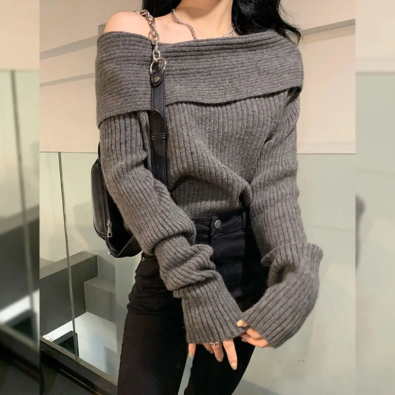 

Knitted Sweater Women Sexy Y2k Pullovers Autumn Winter Long Sleeve Elegant Off Shoulder Fashion Clothing Tops Sweater Women