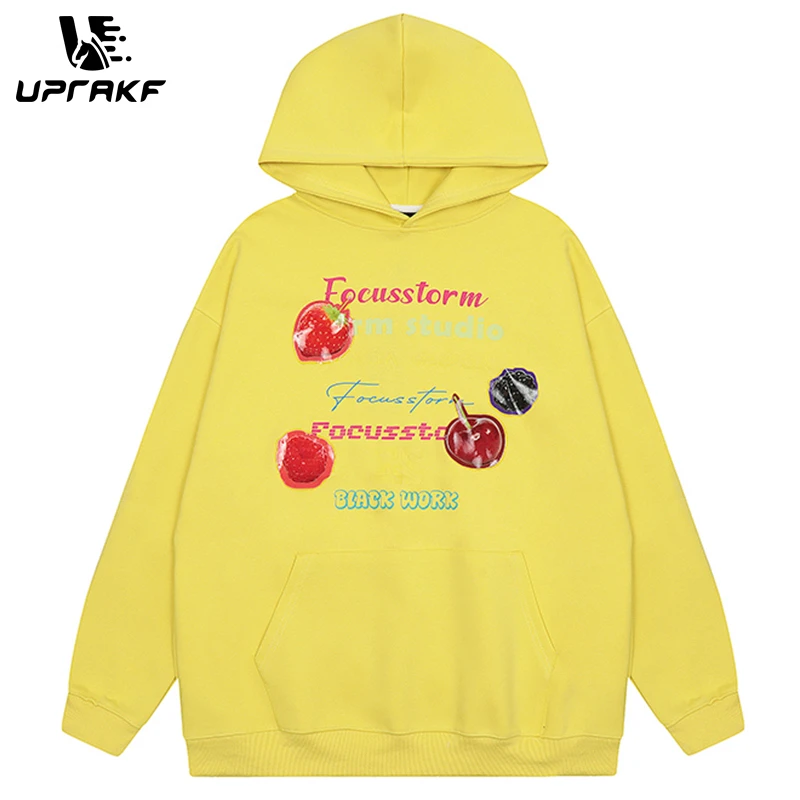 UPRAKF Y2K Hoodie Fruit Graphic Letter Printing Pullovers High Quality Casual Oversize Streetwear Cotton Fashion Pocket Casual