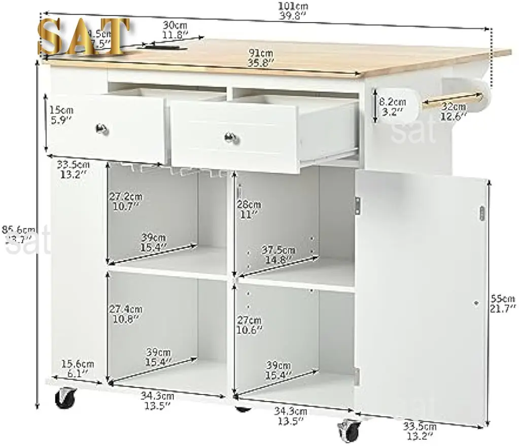 Kitchen Island with Power Outlet with Drop Leaf and Rubber Wood Tabletop, Kitchen Cart with Open Storage, Wine Rack and 5 Wheels