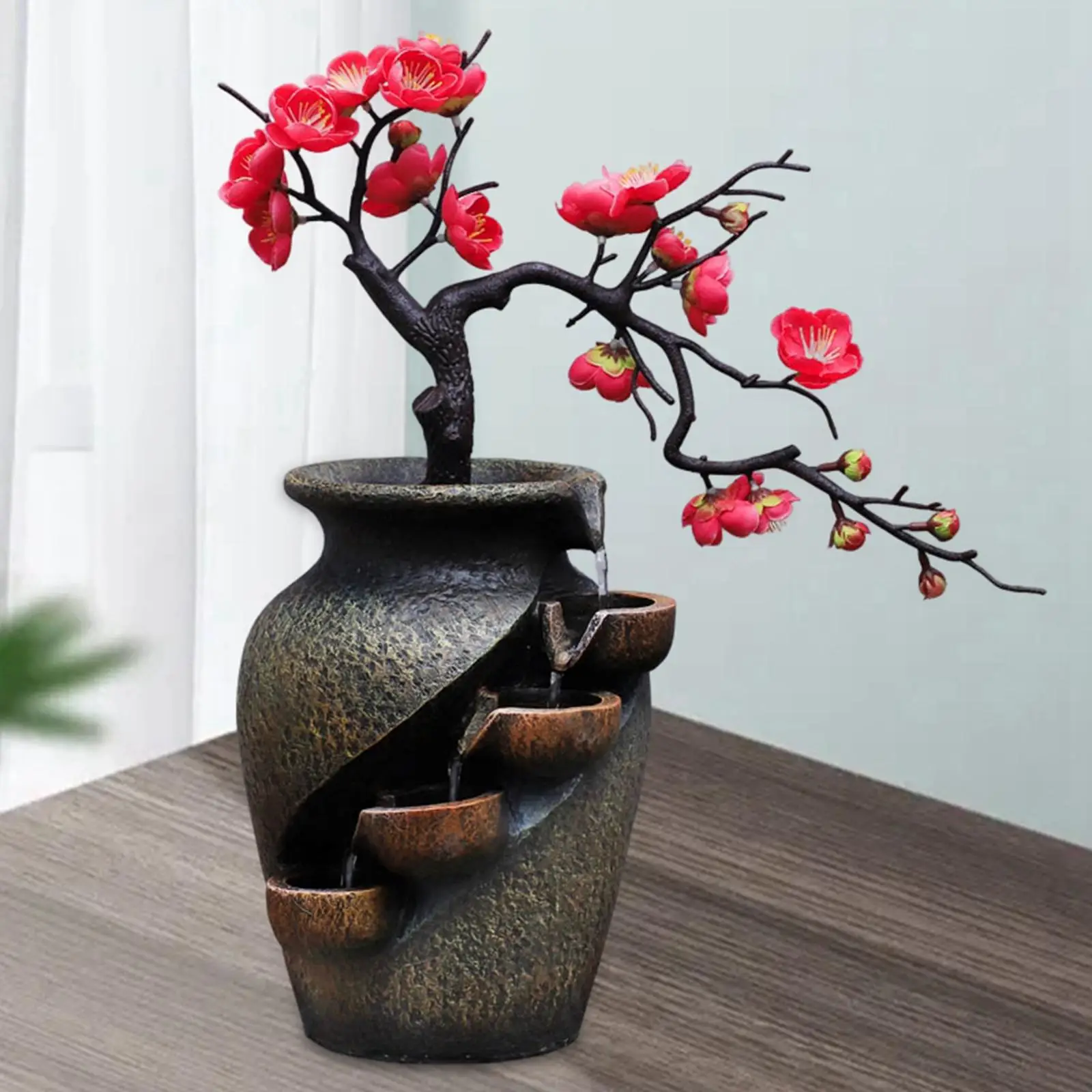 Creative Home Garden Simulation Plant Vase Crafts Resin Waterfall Fountain Indoor Desktop Flowing Water Landscape Ornament