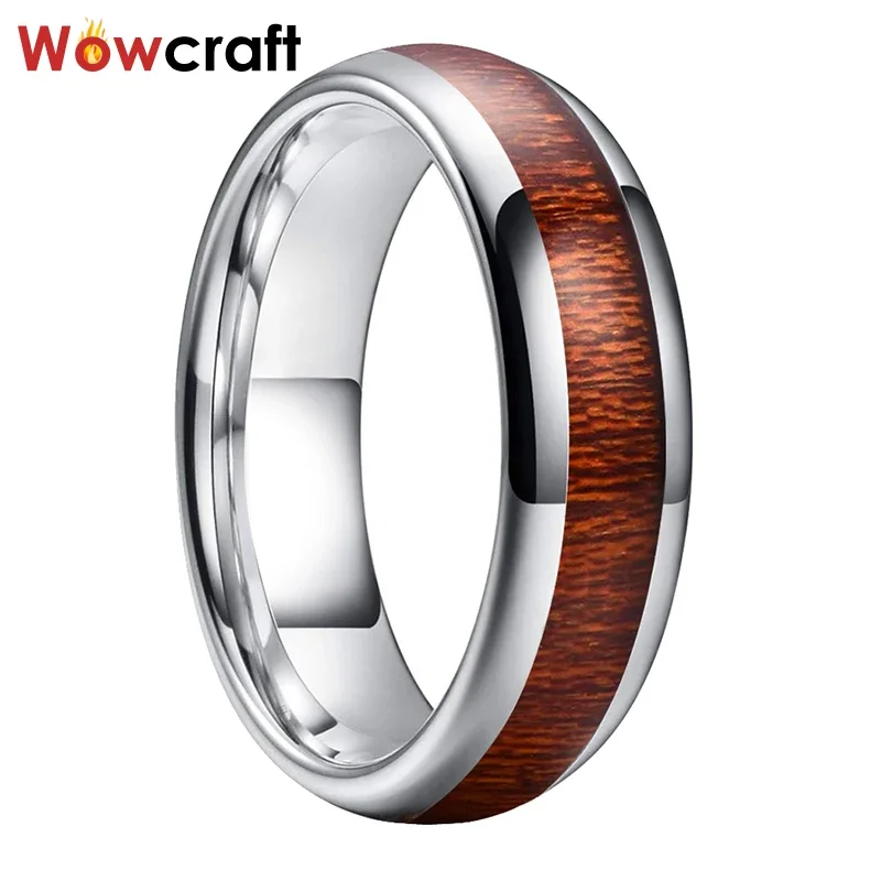 6mm Wood Inlay Tungsten Carbide Rings for Women Dome Band Polish Shiny Comfort Fit Vintage Wedding Bands double heart rings case proposal rings box wedding rings storage case wood rings case