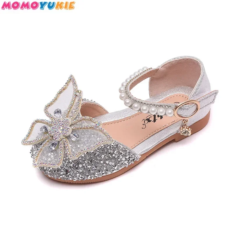 Girls Sequin Lace Bow Kids Shoes Girls Cute Pearl Princess Dance Single Casual Shoe New Children's Party Wedding Shoes D721