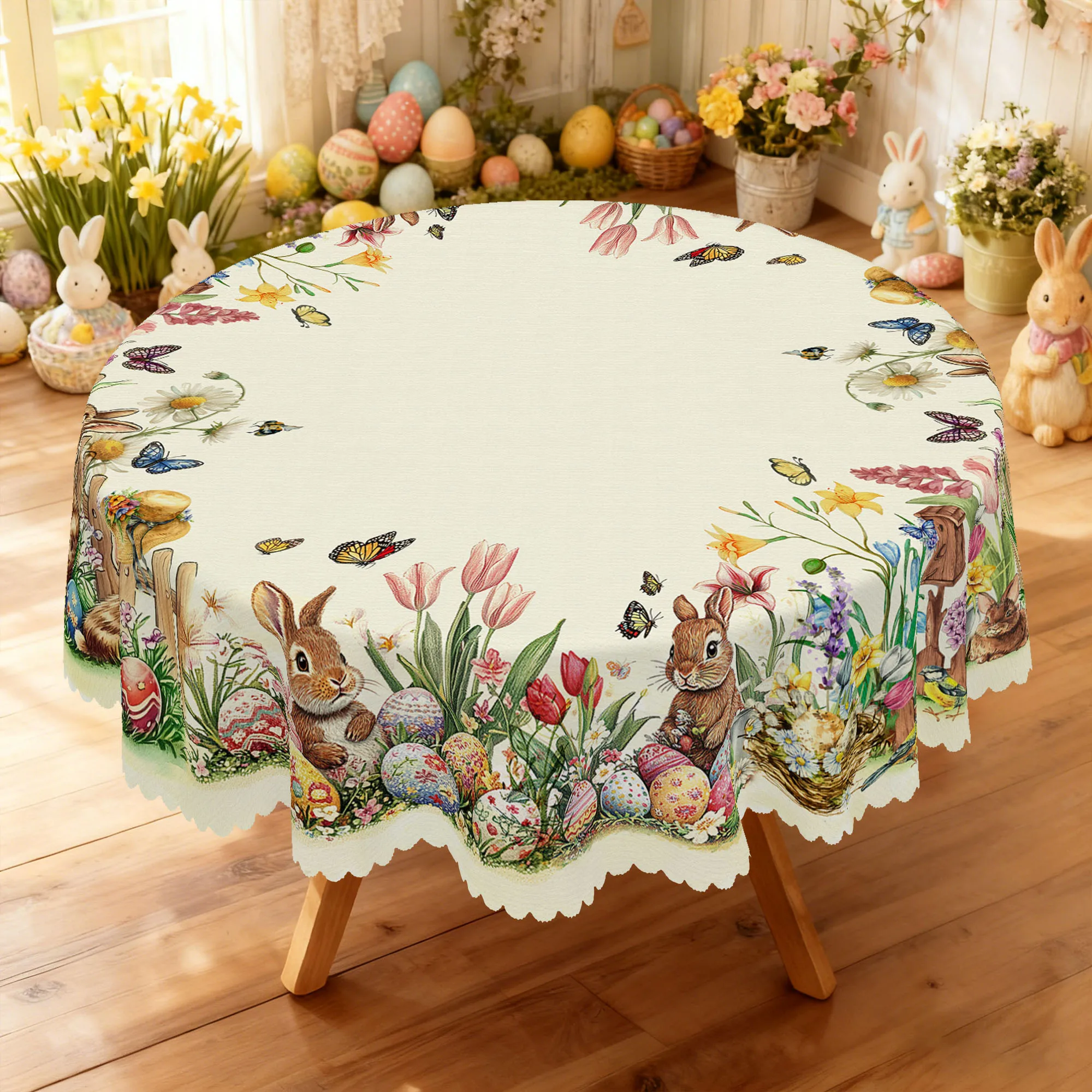 부활절 원형 테이블보 1개, 다양한 크기로 제공, 부드럽고 귀여운 토끼가 그려진..
