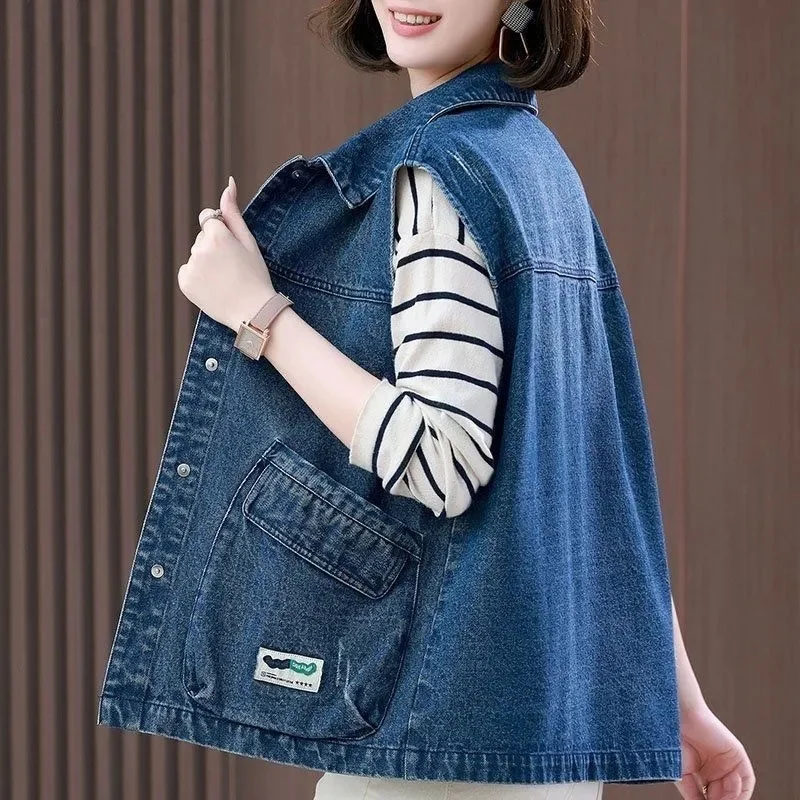 

High End Westernized Denim Vest Women 2023Spring Autumn New Korean Version Loose Versatile Middle-Aged Vest Waistcoat Jacket Top