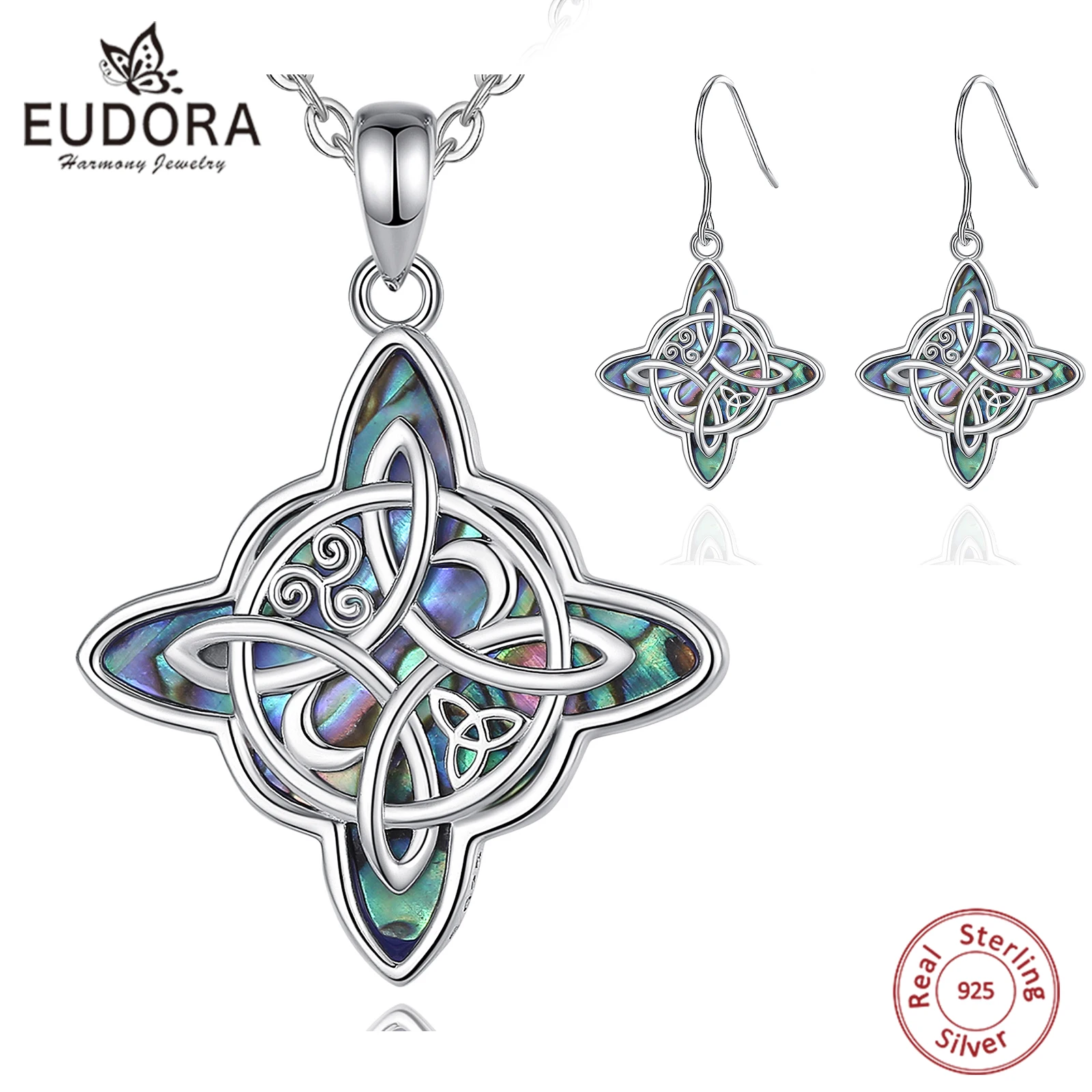 

Eudora 925 Sterling Silver Witch Celtic Knot Earrings & Necklace for Women Natural Abalone Shell Wicca Jewelry Set Witchcraft