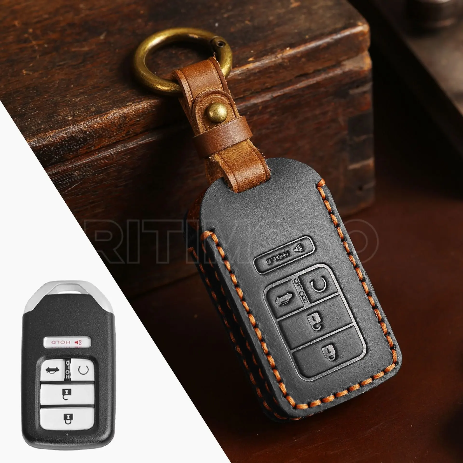 5 Buttons Handmade Leather Car Keyless Key Fob Case Cover For Honda