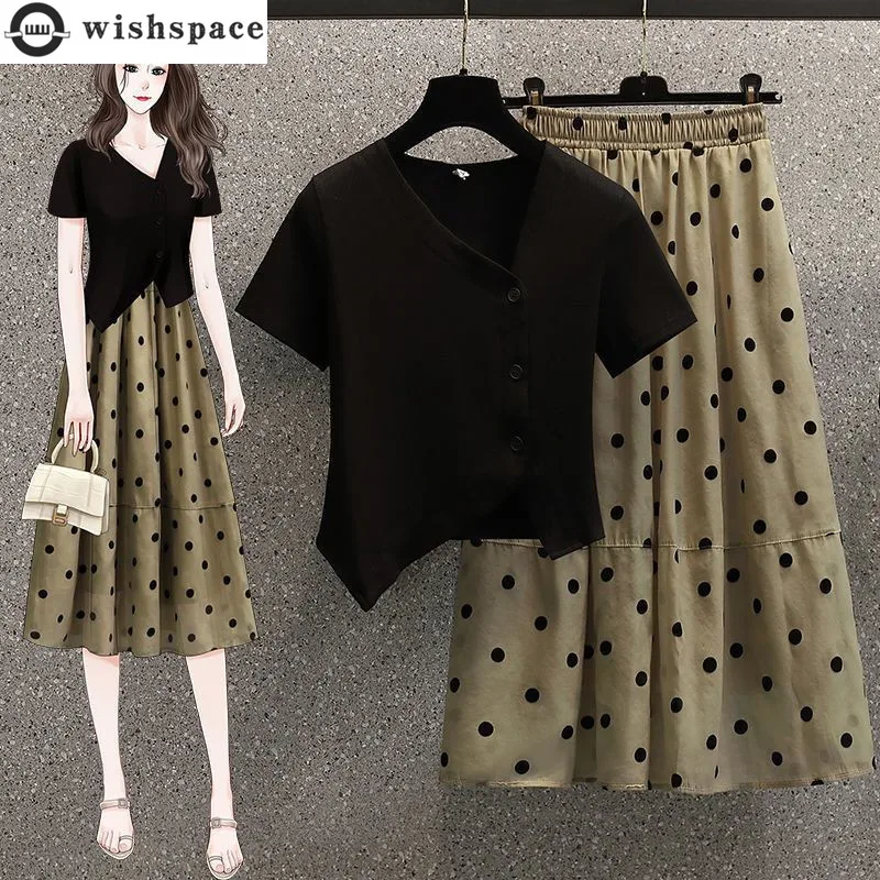 Summer New Irregular Short Sleeve T-shirt Polka Dot Pleated Half Dress Two Piece Elegant Women's Party Dress Casual Outfits