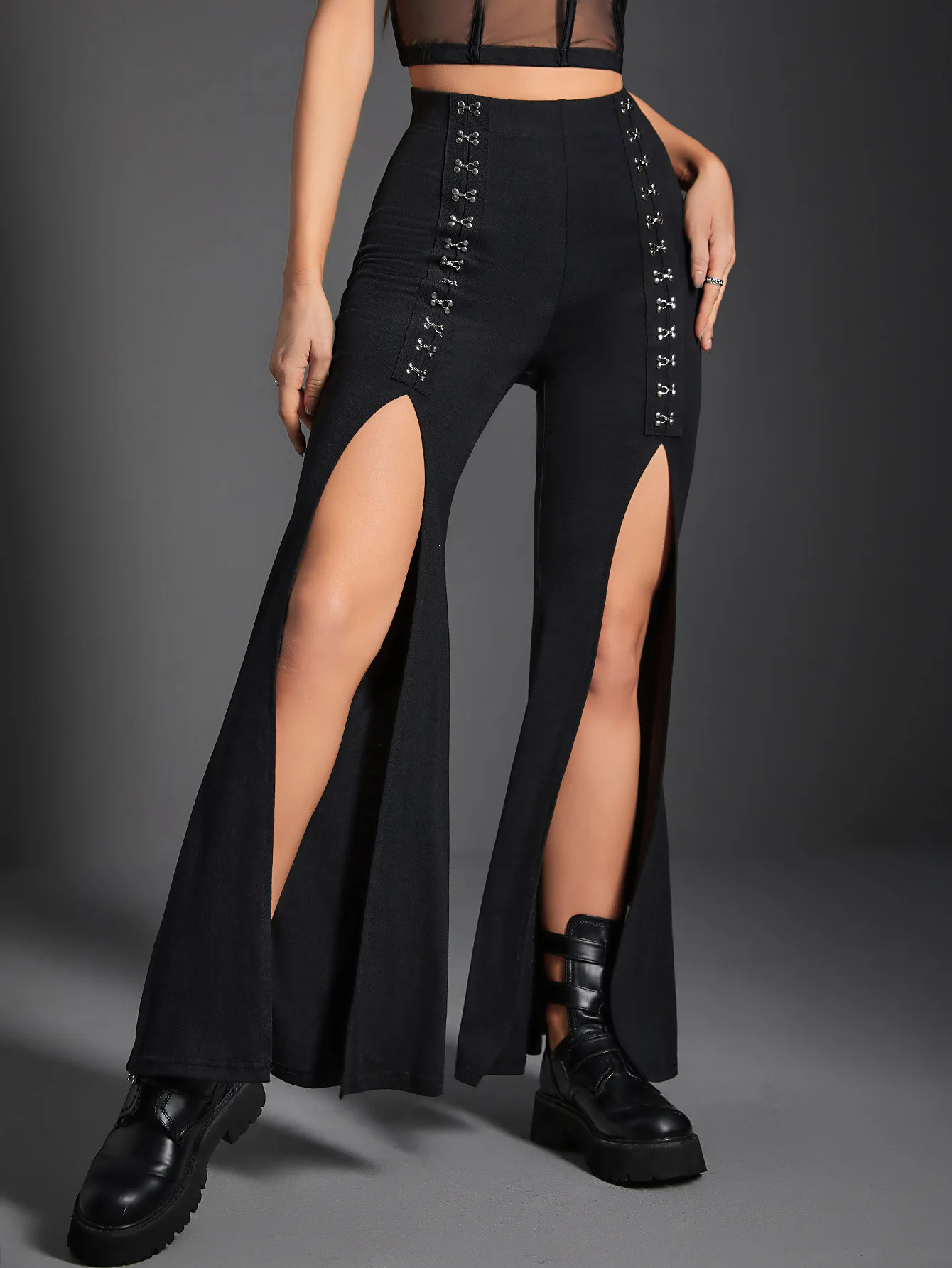 

Goth Dark Split Buckle 90 Grunge Punk Sexy Flare Pants Mall Gothic High Waist Fashion Trousers Black Women Skinny Alt Streetwear