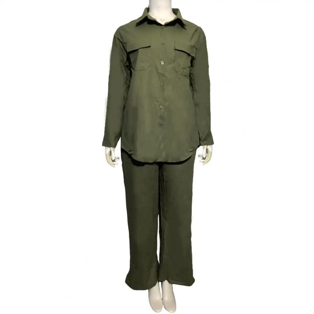 2 Pcs/Set Women Shirt Pants Set Long Sleeve Loose Solid Color Top Wide Leg Pockets Elastic Waist Trousers Casual Womens Outfits