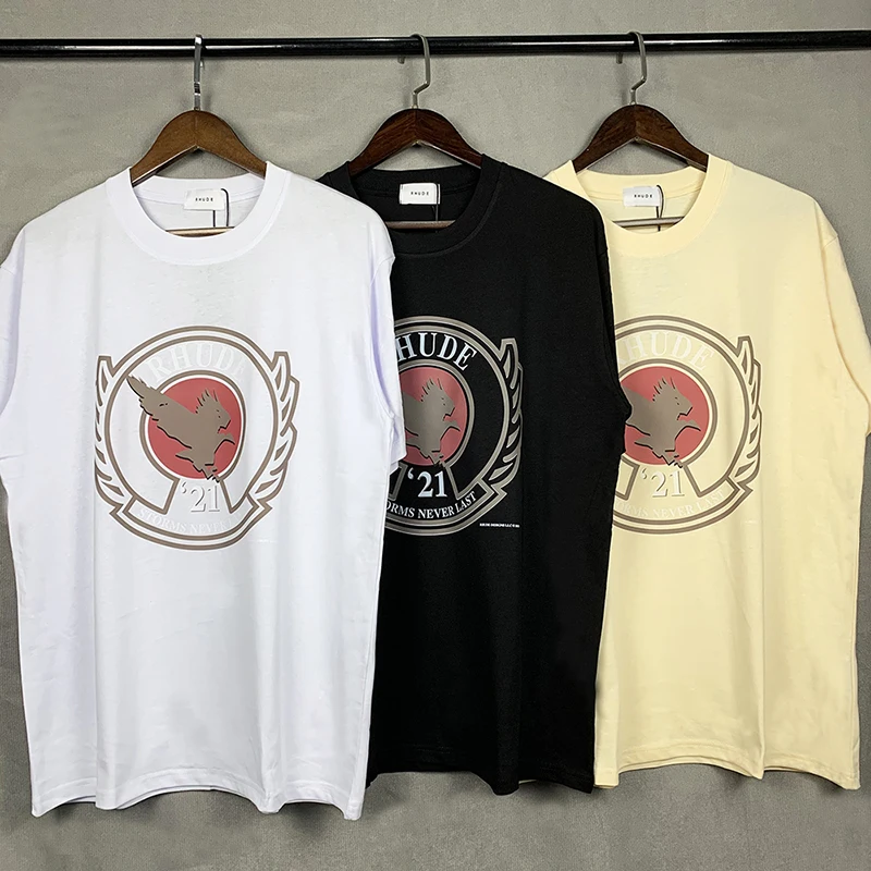 

Streetwear Rhude T-shirts Men Women High Quality Black White Apricot Tops Letter Printing Logo Tees Oversized RHUDE Short Sleeve