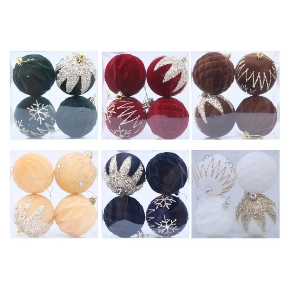 4pcs 8cm Velvet Christmas Ball Pendant Glitter Flocked Xmas Gift Balls Shatterproof Christmas Tree Hanging Balls Hotel Mall