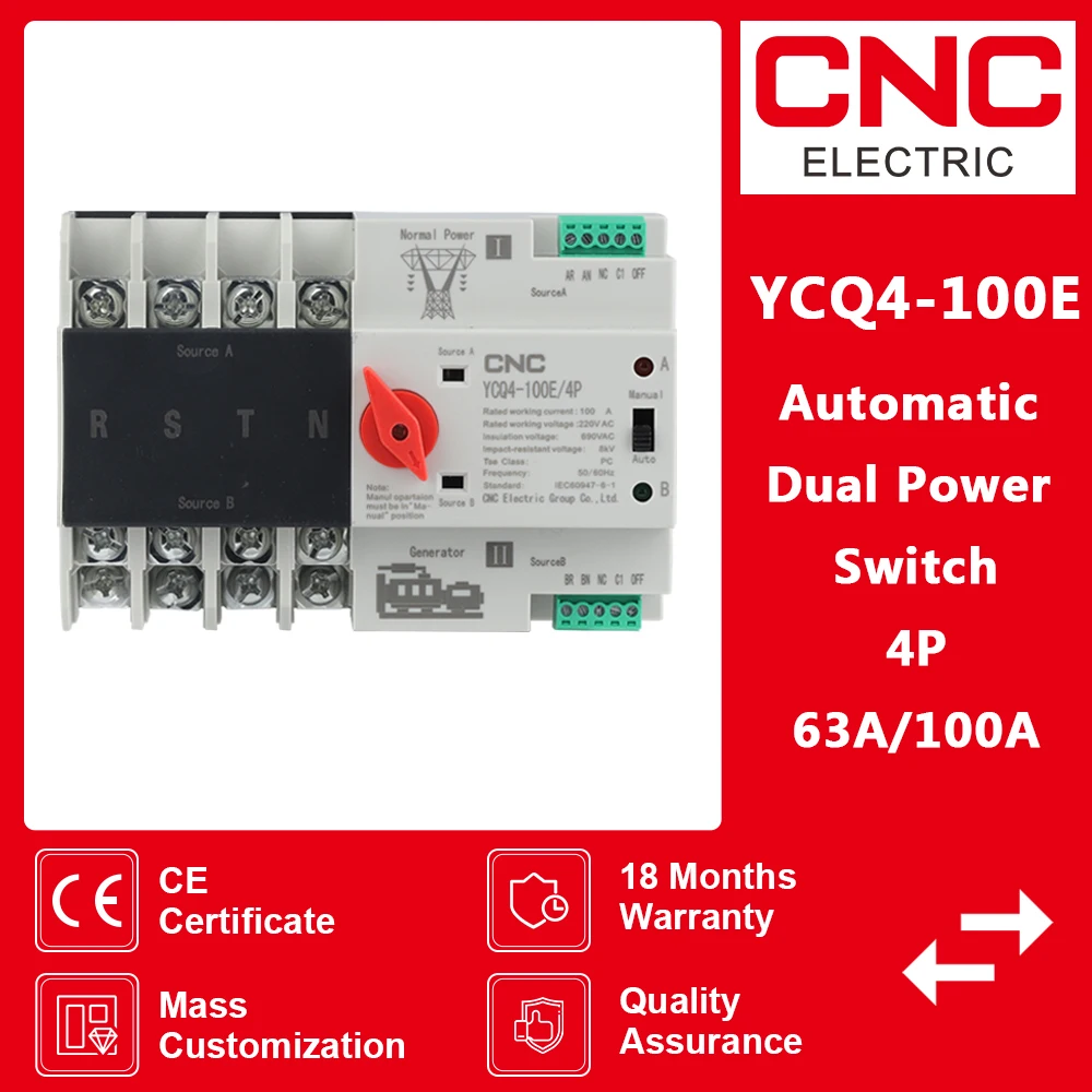 Cnc Ycq4100e 4p 63a 100a Trilho Din Ats para pv e Inversor Dual Power Seletor de Transferência Automática Switches Ininterrupto 63 100a