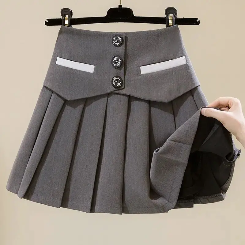 Korean Fashion All-match Button Splicing Pleated Skirt 2023