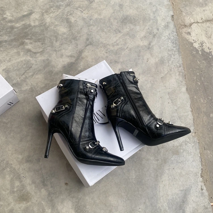 Punk Sle Women's Boots Side Zipper Pointed Toe Thin Heel Motorcycle Boots Faionable Sensation Mid-Calf Winter Boots