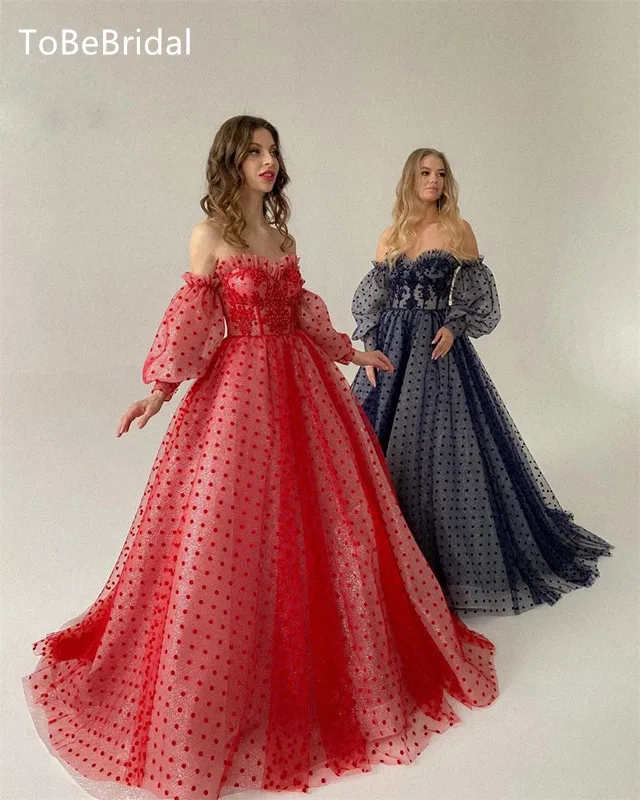 

ToBeBridal A- Line Prom Dress Sexy Off The Shoulder Long Sleeved Sheer Sweetheart Collar Party Dress Formal Evening Dresses