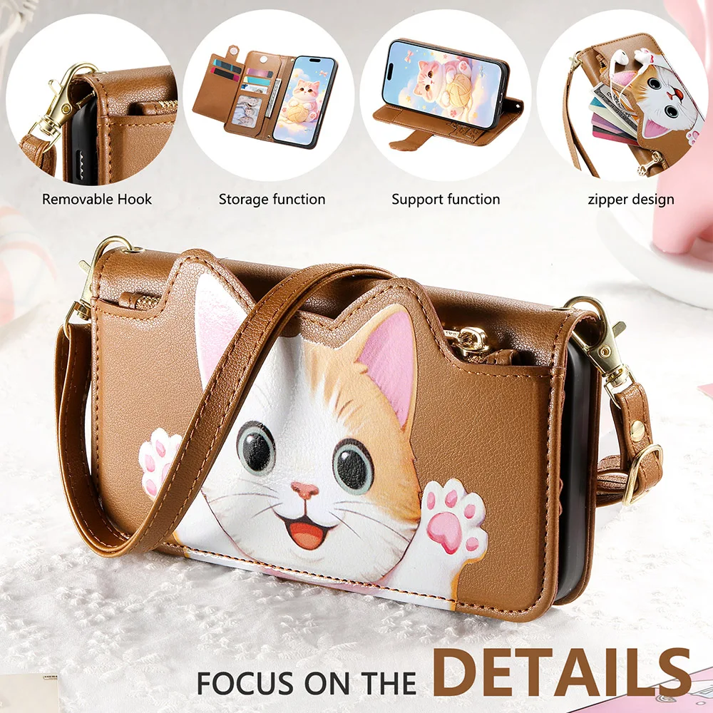 Adorable Cat Crossbody Lanyard Strap Wallet Phone Case Cover