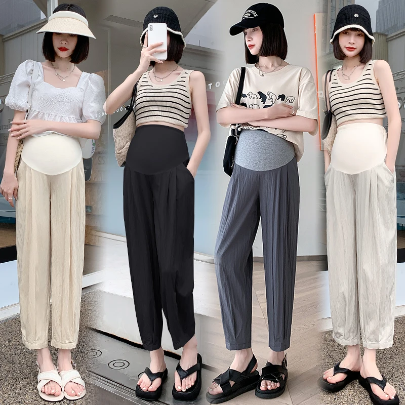 Summer Fashion Pregnant Women Clothing Loose Casual Cool Maternity Empired Pants Ankle-length Pregnancy Pleated Trousers M-3XL