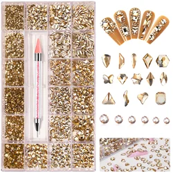 Deluxe Diamond Nail Art Jewelry Set - 21 Grids of Shimmering AB Flat Bottom Gems (Gold)