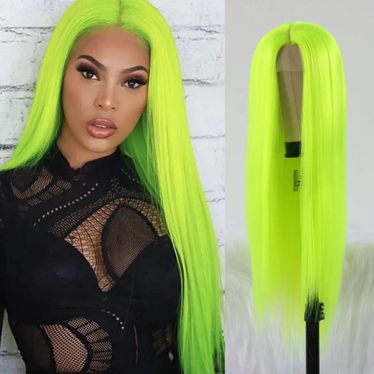 Fluorescent Green Wigs For Women Neon Green Long Straight Lace Synthetic Wigs Baby Hair Glueless Heat Resistant Hair